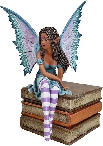 Miniatura 2 de Ebros Gift Amy Brown Fantasía Magia FAE Turquesa Ébano Hada de la Bibliografía Sentado en Pila de Libros Estatuilla Biblioteca Biblioteca