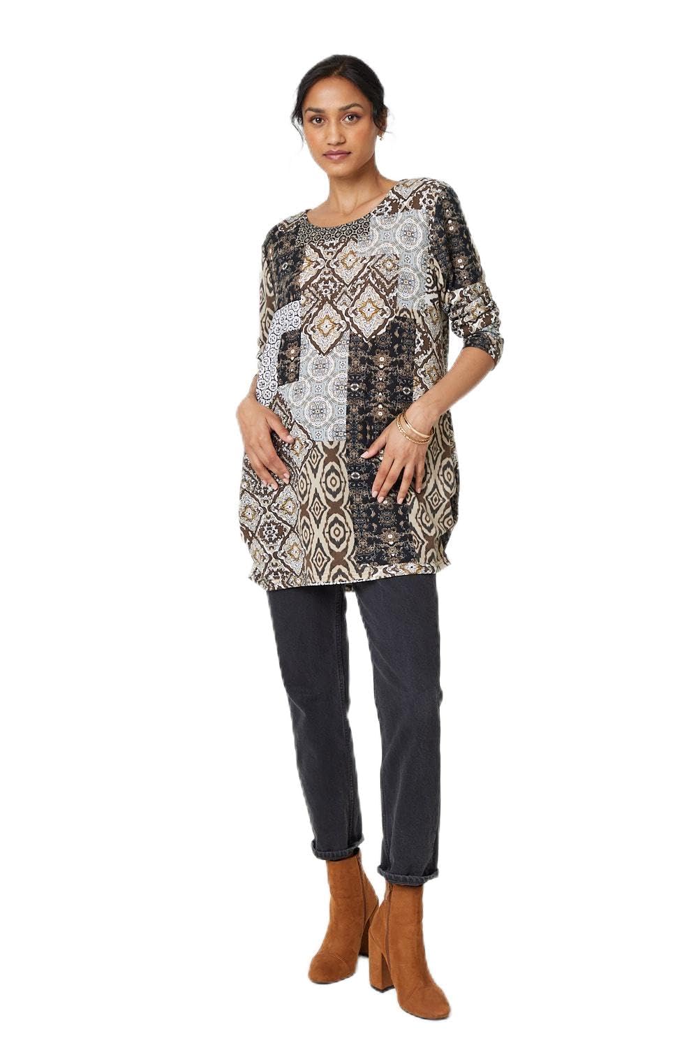 Izabel London Patchwork Print Long Sleeve Scoop Neck Tunic for Women UK with a Relaxed fit and Thigh Length Hem.