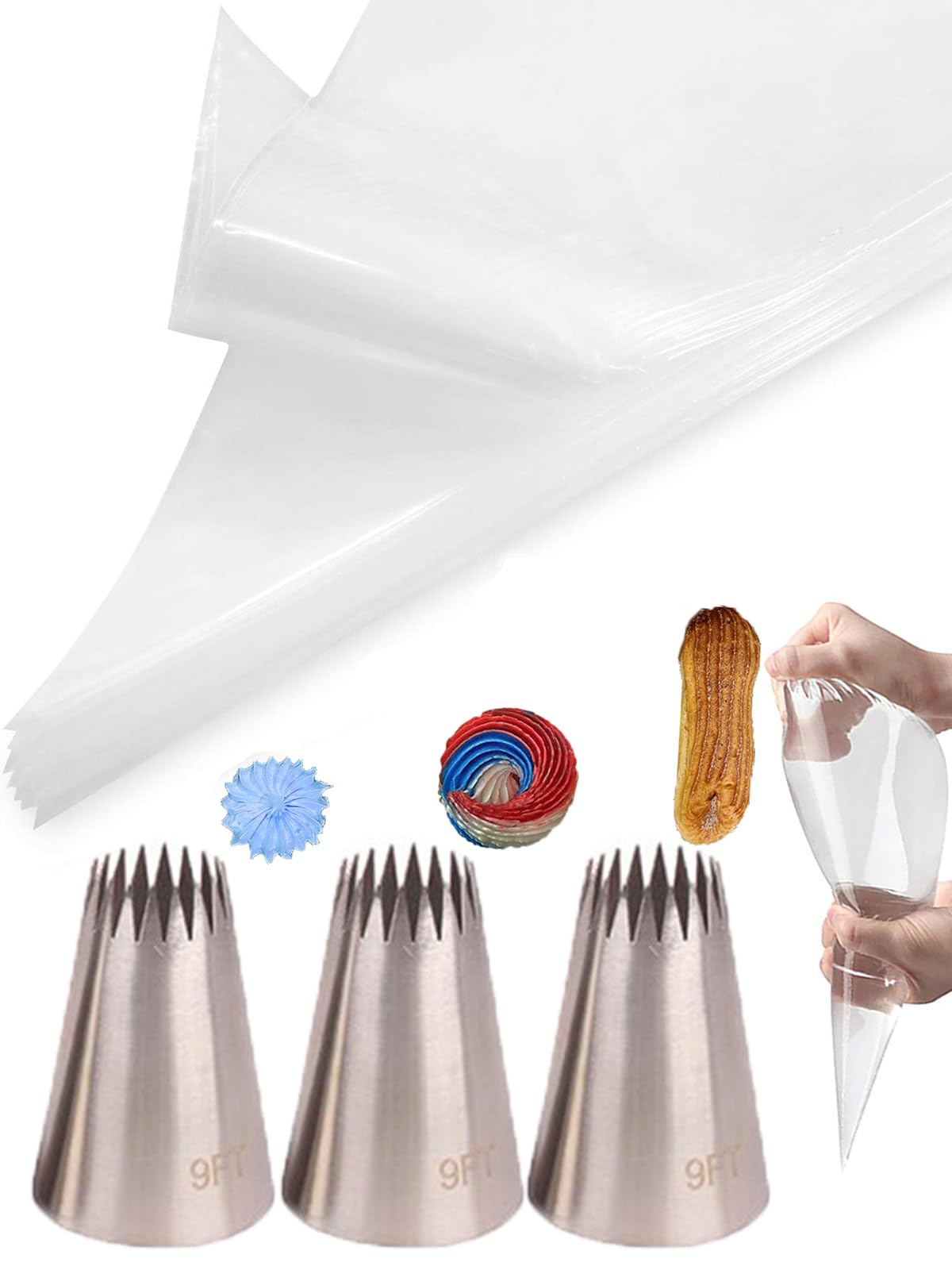 Churro Piping Tips and Bags Set,Extra Large Piping Tips 9FT for Eclair &Star with Disposable Pastry Bags,23 Pcs