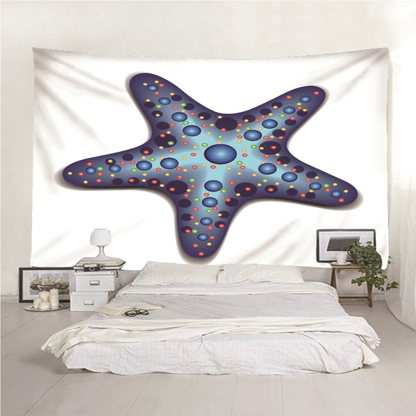 Tapices Macramé Grande, Decoración Navideña Exterior Estrella de Mar Poliéster Blanco Azul 150x130CM