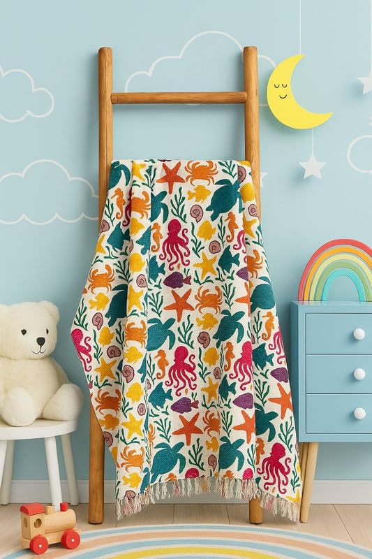 Image of Premium Cotton Sea Creature Printed Throw Blanket for Kids Room | 50x60 Inches Multicolor Design Throw for Sofa, Chairs, Bedroom & Home | Skin-Friendly & Lightweight