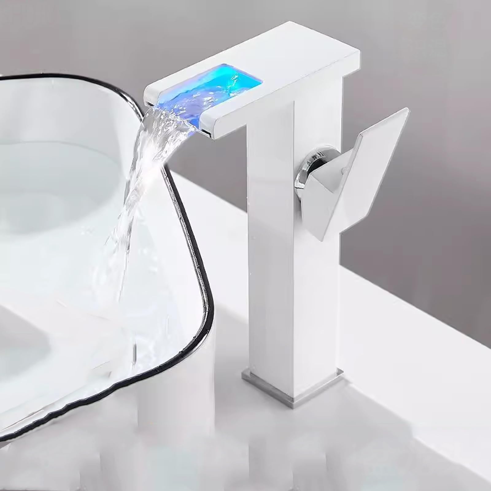 ZQFHSX LED Waterfall Bathroom Faucet with 3Color Changing Light Single Handle Tall Sink Tap Hydropower Design Includes Water Supply Hoses (White)