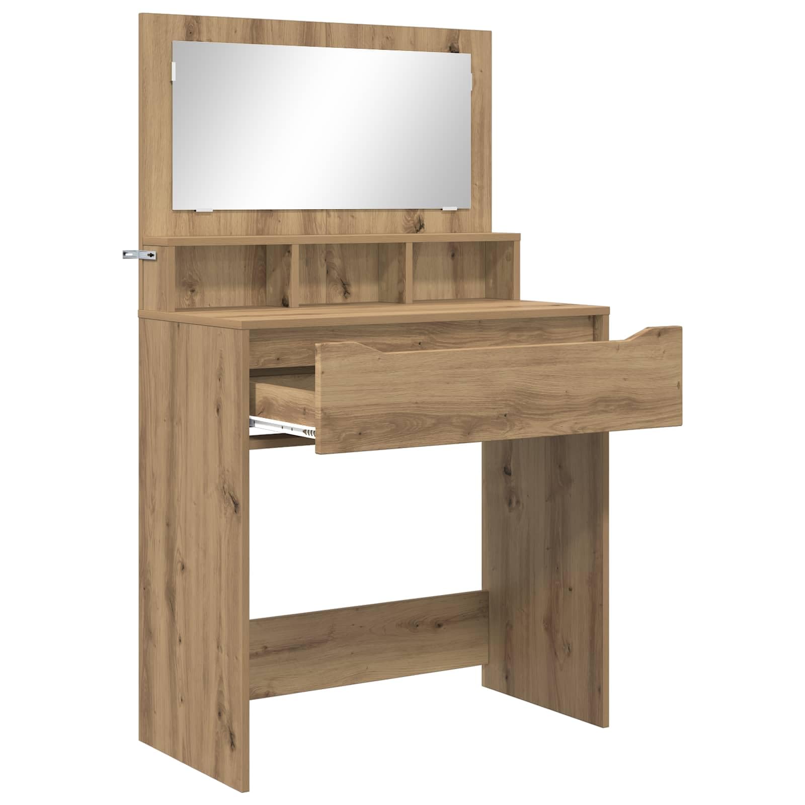 Tavolo da trucco in legno ingegnerizzato rovere artigianale con specchio piano e cassetto silenzioso, mobiletto consolle per camera da letto, postazione make up salvaspazio funzionale