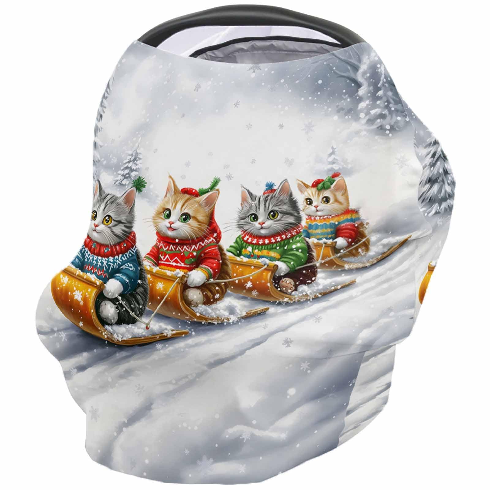 Nursing Cover for Breastfeeding Scarf, Christmas Animal Cats Skiing Winter Snow Forest Baby Car Covers Super Soft Multi Use for Canopy Shopping Cart Cover Blanket Stroller Cover