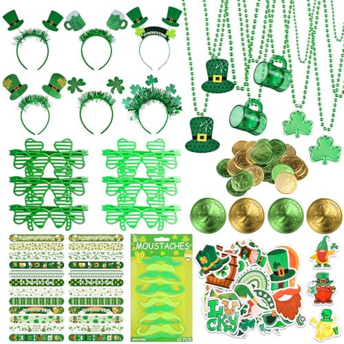 TUZELIYA 134Pcs St. Patricks Day Accessories Party Favor Set with Stickers Necklaces Slap Bracelets Glasses Headbands Mustaches Coins - St. Patricks Day Accessories Decoration Supplies for Men Women