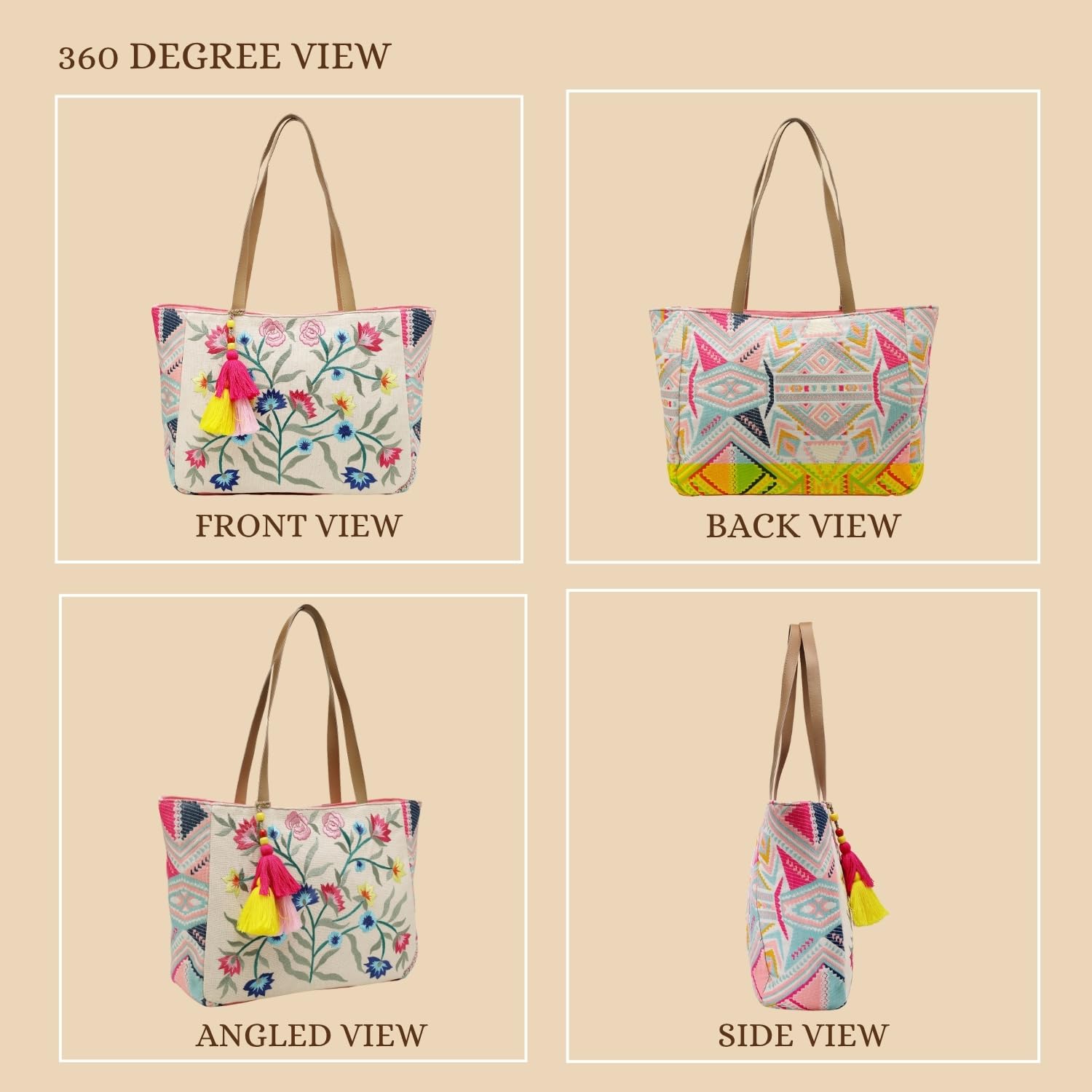 Anekaant Lush Floral Embroidered Cotton Jacquard Tote Bag | Large Multicolor Purse with Tassels for Women & Girls | Daily, Travel, Shopping & Gift Bag 2