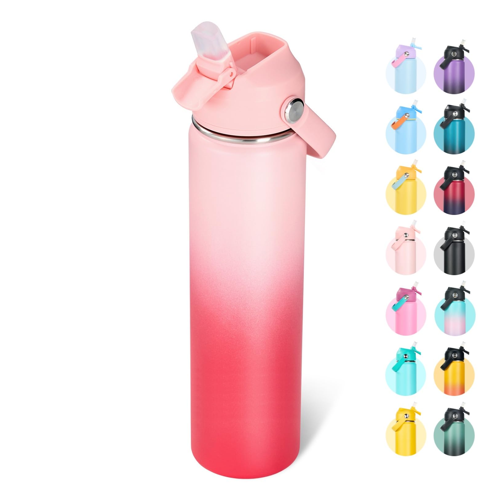 Fijinhom 24oz Insulated Stainless Steel Water Bottle, Wide Mouth Double Wall Vacuum, Silicone Straw, Sweat &amp; Leak Proof, BPA Free Insulated Water Flask for Travel, Keep Cold 24h Hot 12h, Pink Gradient