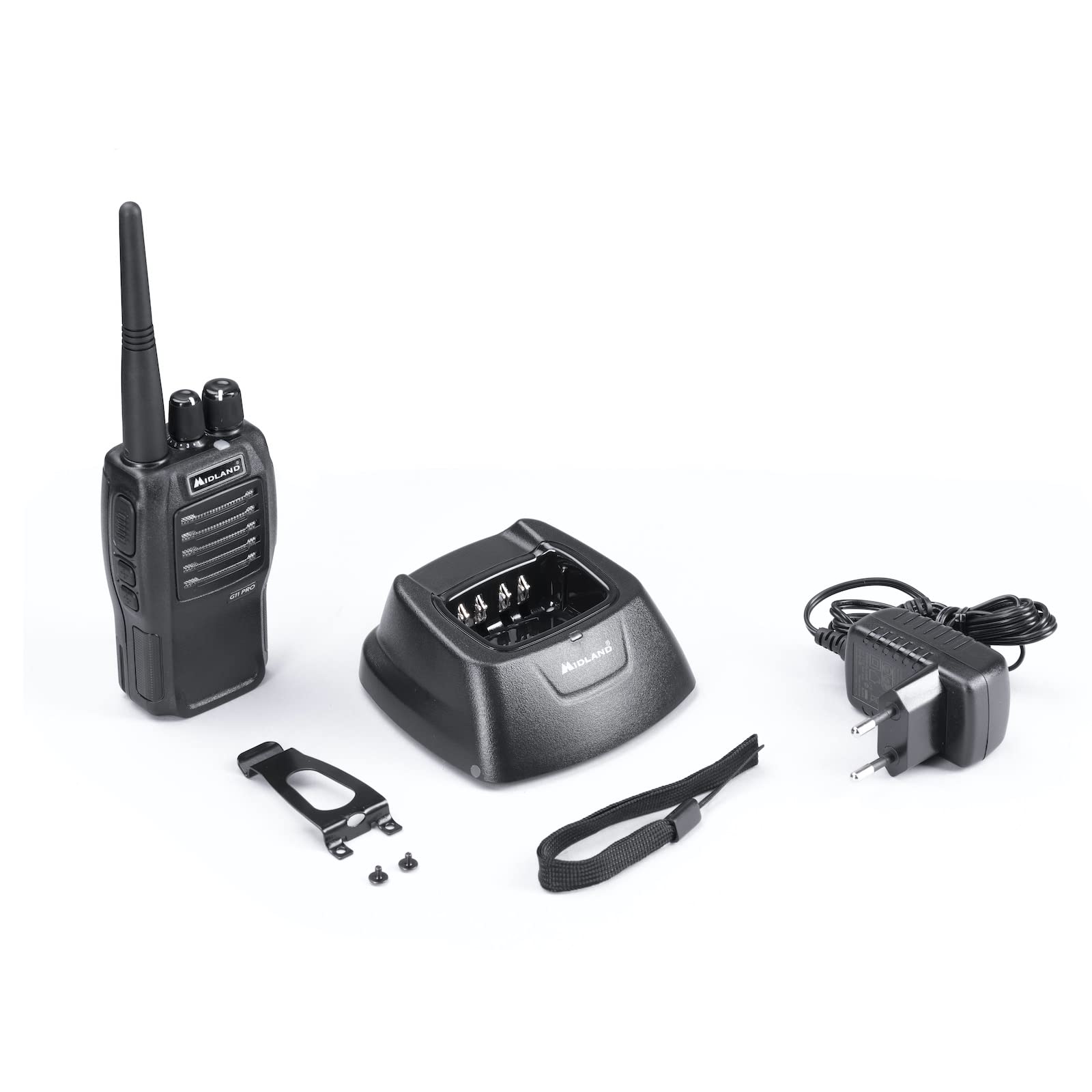 Midland G11 Pro C966.06, Walkie Talkie Transceiver Radio Z Pasmem PMR446, 32 Kanały PMR446, Bateria Ładowalna, Ładowarka Z Adapterem Biurkowym I Klipsem Na Pasek, 2 Wtyki Kenwood, Czarny