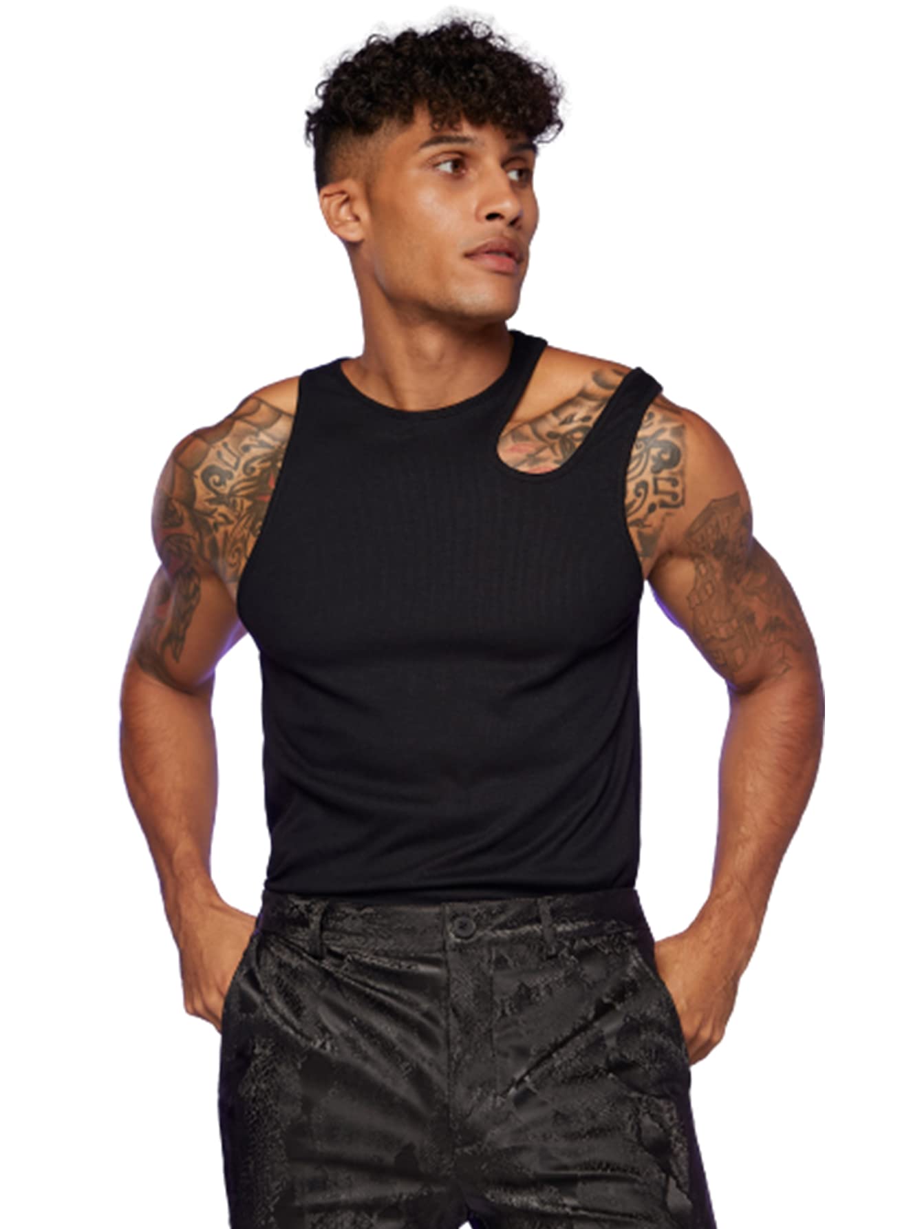 OYOANGLE Men's Cut Out Asymmetrical Neck Sleeveless Club Tank Top Shirt ...