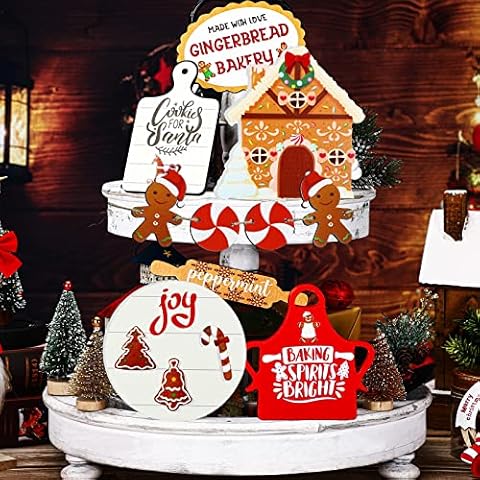 10 Pieces Christmas Gingerbread Man Tiered Tray Decor Xmas Wooden Tabletop Signs Rustic Gingerbread Decor Cookies for Santa Woden Blocks for Winter Farmhouse Home Party Decoration (Gingerbread Man) Cover