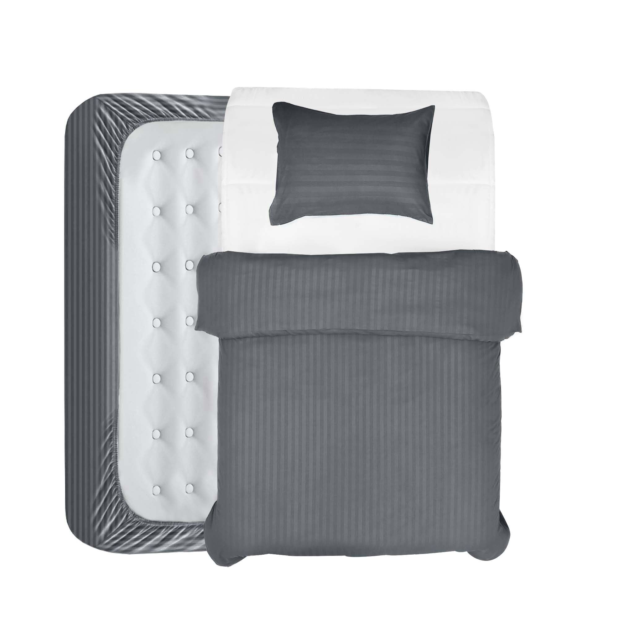 BedLooms 3 Piece Single Duvet Cover Set - Duvet Cover and Fitted Sheet with Pillow case - Satin Stripes Soft Brushed Microfiber (Grey)