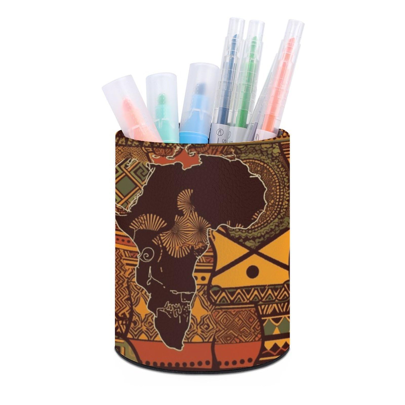 VstaDank African Map Ethnic Pattern Pen Holder PU Leather Pencil Cup Minimalist Desk Pencil Holder Round Make Up Brush Organizers For Office Dorm Room&Vanity Desk Accessories