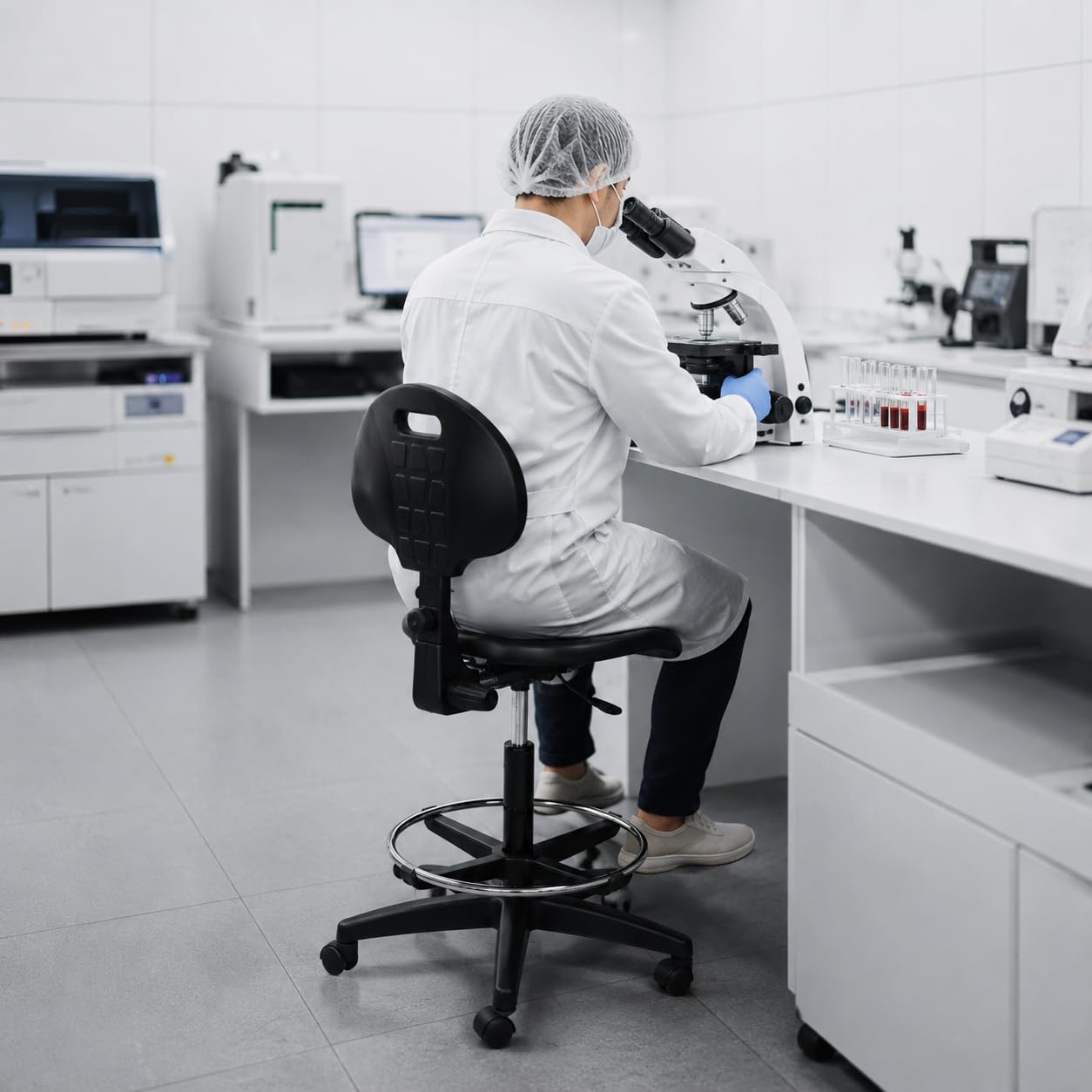 Topsit IND102 Sedia da Lavoro in Poliuretano, Seduta da Laboratorio, Sedia da Ufficio Ergonomica Girevole su Ruote con Anello Poggiapiedi in Metallo Cromo, Schienale e Altezza Regolabile
