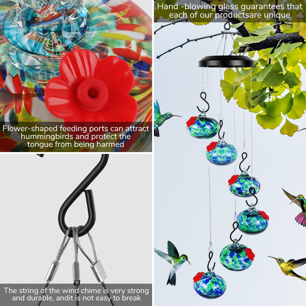 Solar Windspiel Mit Kolibri-Futterstation – Bunte Vogelfutterspender Für Draußen, Wetterfest, Mit Kettenaufhängung