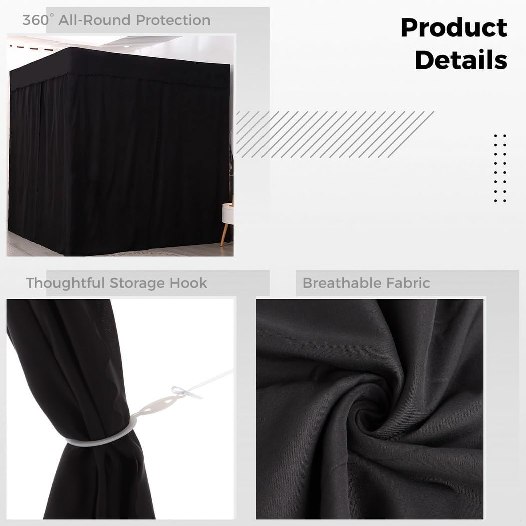 Black Queen Bed Canopy With Curtains, Four-Sided Blackout Panels And Top Cover, 3-Entry Design For Bedroom Decoration, 59 X 79 X 77 In