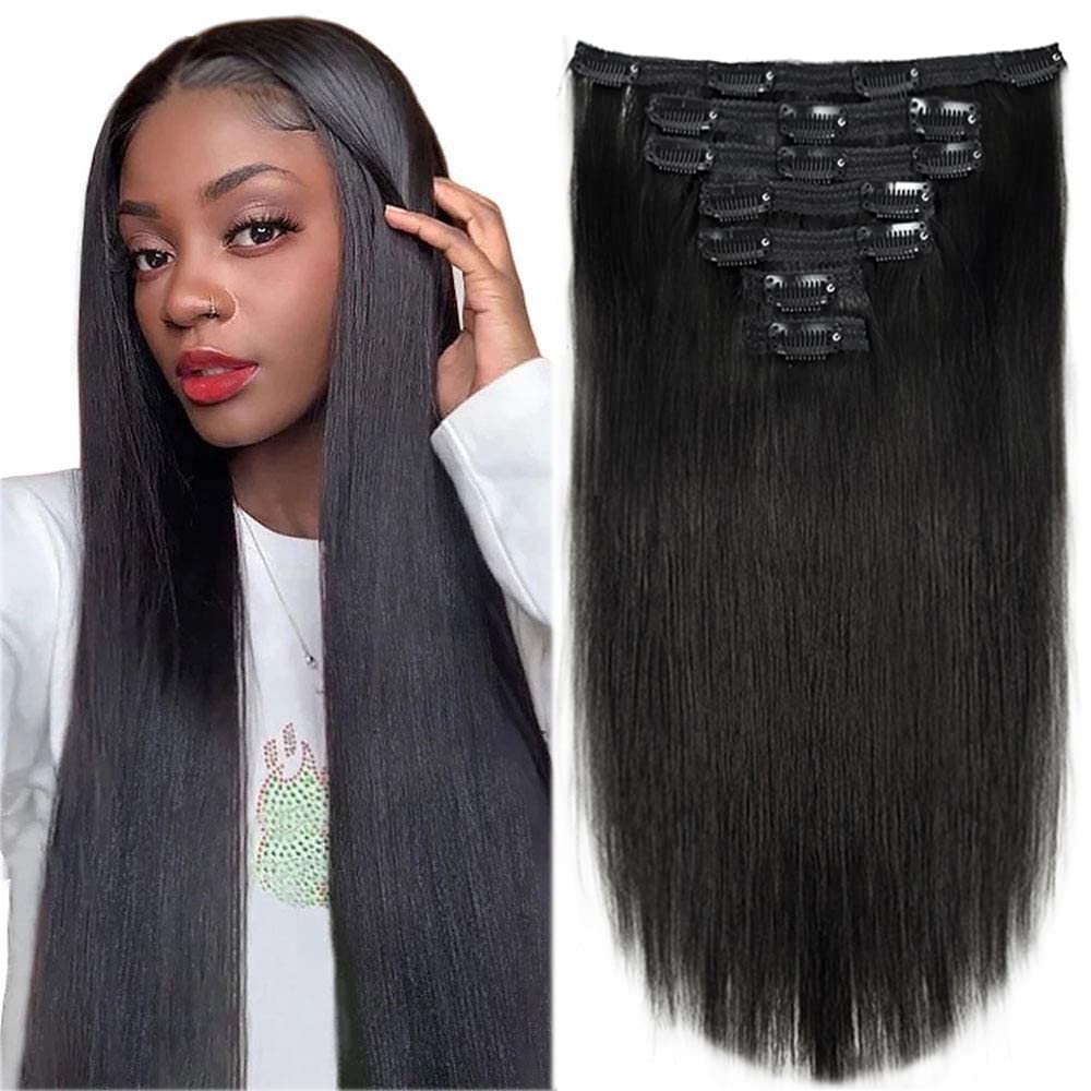 LiwihasClip in Human Hair Extensions 90g 7pcs with 16 clips Silky Straight Clip in Hair Extensions for Women Double Weft Thick Remy Human Hair (#1B Natural Black 16 inch)