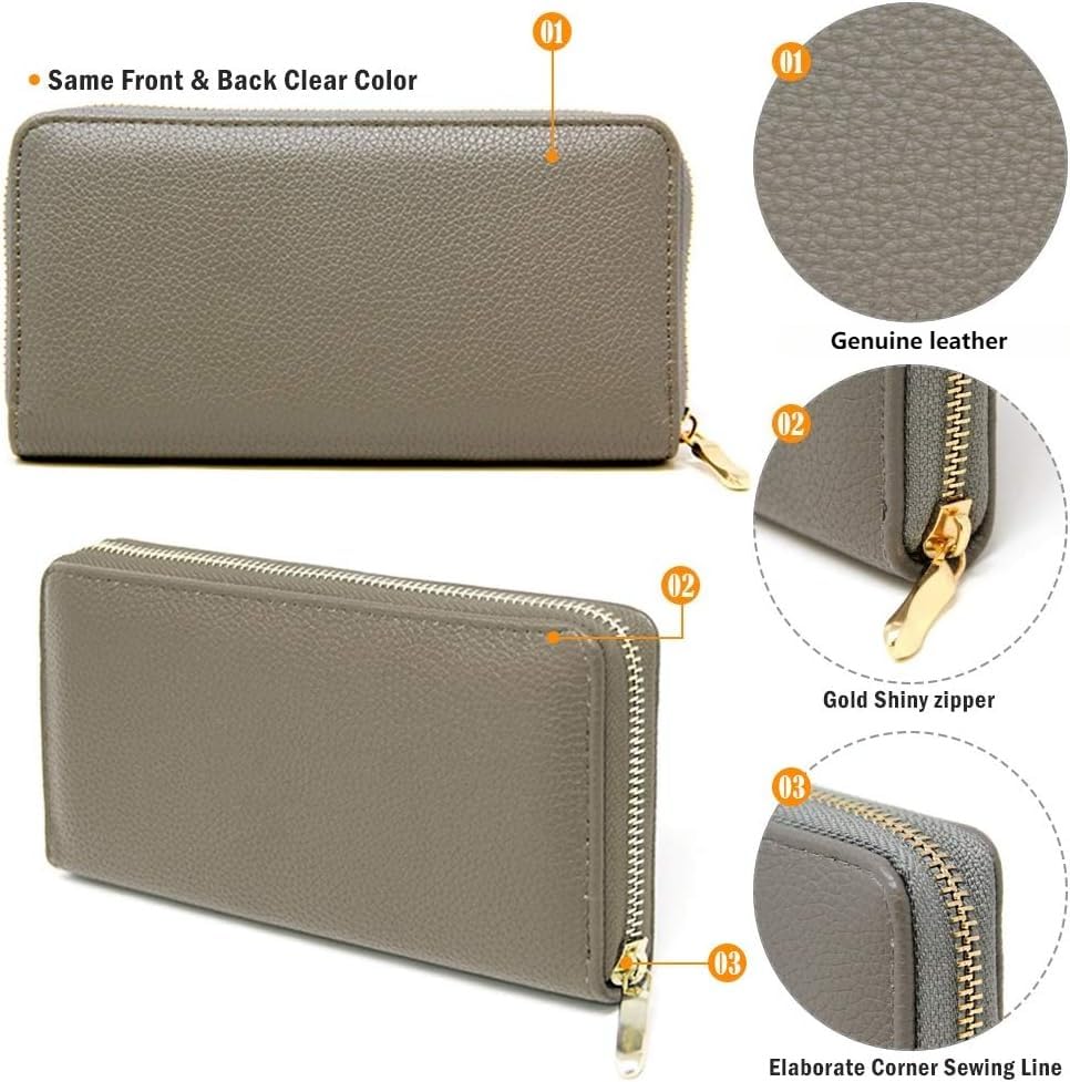Women's Fashion Genuine Leather Long Wallet with Zipper Closure Card Slots Coin Pouch (Grey)3