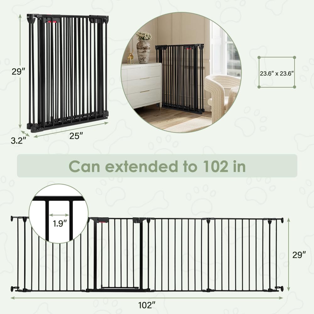 SMONTER Free Standing Dog Gate with Door Walk Through, 102" Extra Wide Foldable Dog Fence, 4 Panels 29" Tall Metal Pet Gate for Stairs, Hallways