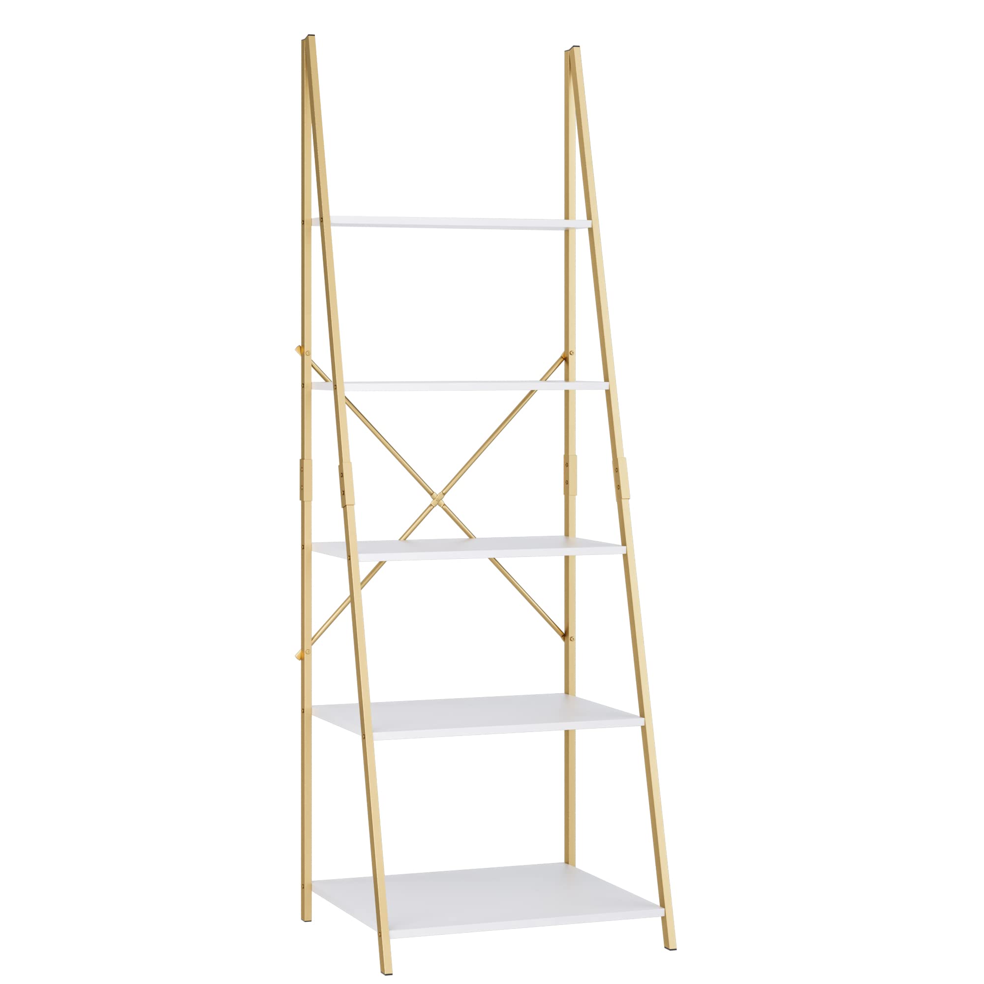 finetones 5-Tier Ladder Shelf, Free Standing A-Shape Display Bookcase, Storage Organizer Unit with Metal Frame, Flower Stand Plant Rack for Living Room, Kitchen, Bathroom, Home Office, White/Gold