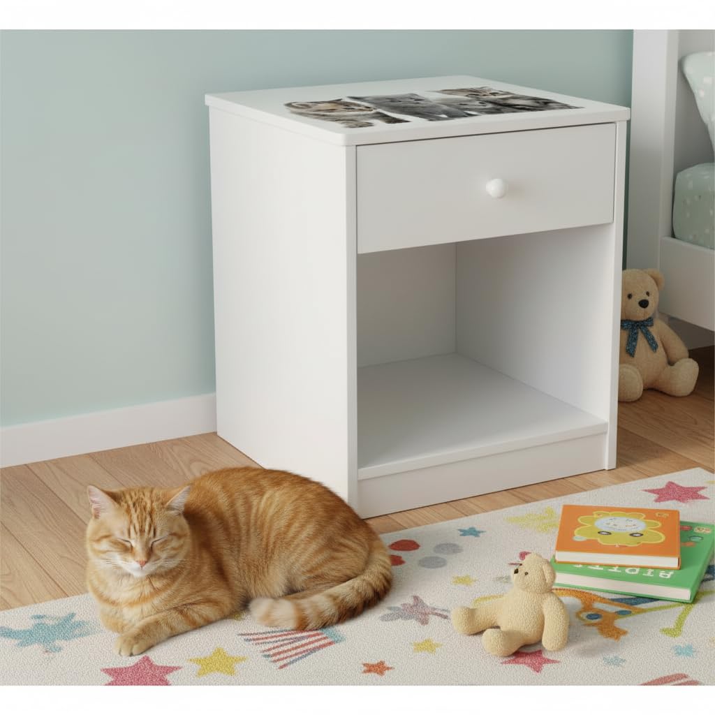 Leomark Nachttisch aus Holz - Katzen - Nachtschränkchen mit Schublade, Nachtschrank für Kinder, Weiß Nachtkonsole mit Aufdruck, Höhe: 40 cm