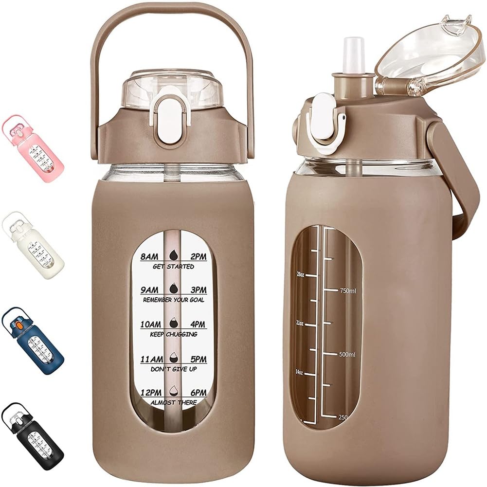 Bouteille d'eau en verre de 1,8 l avec paille, manchon en silicone et marqueurs de temps – Idéale pour la salle de sport, la maison et le bureau – Récipient durable et élégant pour un usage quotidien