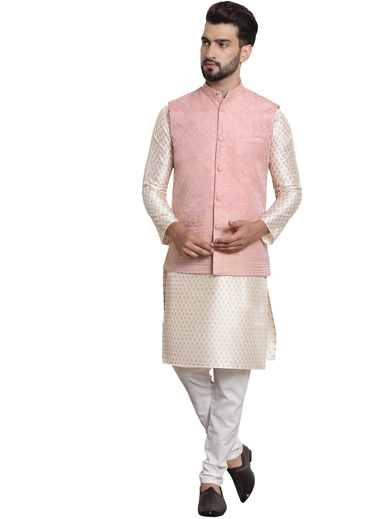 Sojanya (Since 1958 Men's Silk Blend Cream Kurta And Off-White Pyjama With Pink Nehru Jacket