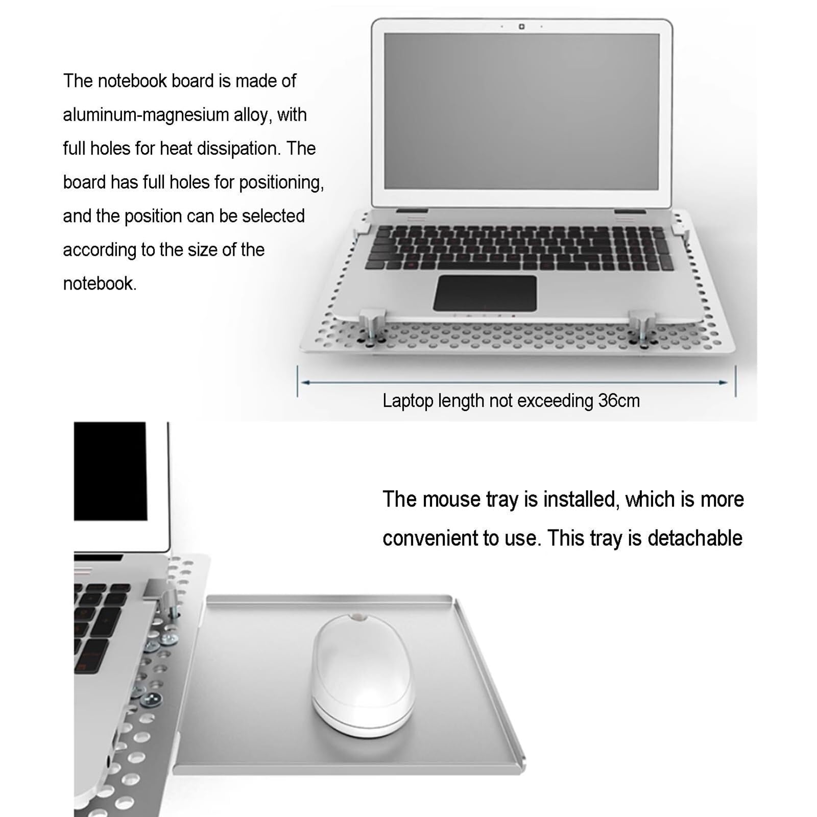 Soporte de pared para laptop, soporte ajustable con bandeja para mouse, rotación multiángulo, plataforma de refrigeración ventilada, capacidad de peso de 8 kg para oficina y estación de trabajo