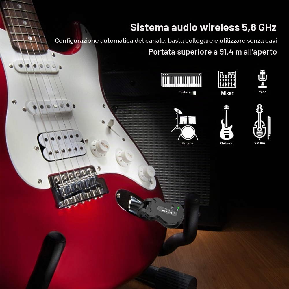 LEKATO - Sistema ricetrasmettitore digitale senza fili per chitarra e basso, ad alta frequenza, 5,8 GHz, ricaricabile