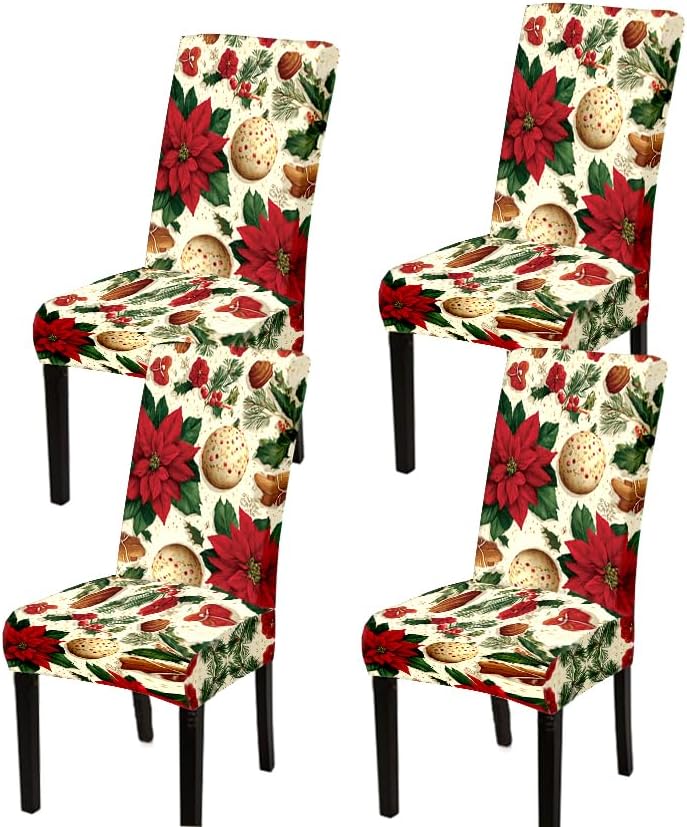Floral Chair Covers Set of 4 Stretch Spandex Red Botanical Pine Cone Dining Slipcover Farmhouse Elegant Seat Protector Home Decor
