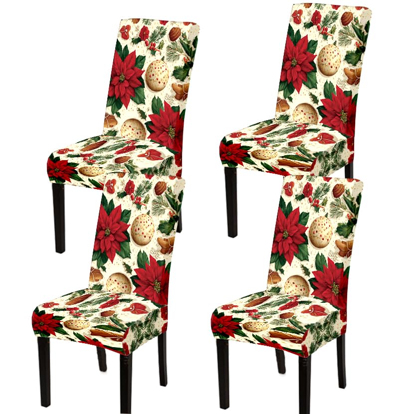 Image of Poinsettia Christmas Dining Chair Covers Set of 4, Slipcovers