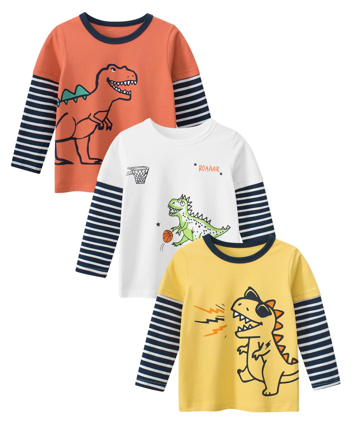 GFQLONG Toddler Boys 3 Pack Long Sleeve Cotton Shirts Kids Dinosaur Raglan Fall T-Shirts Sweatshirt Tee Sets