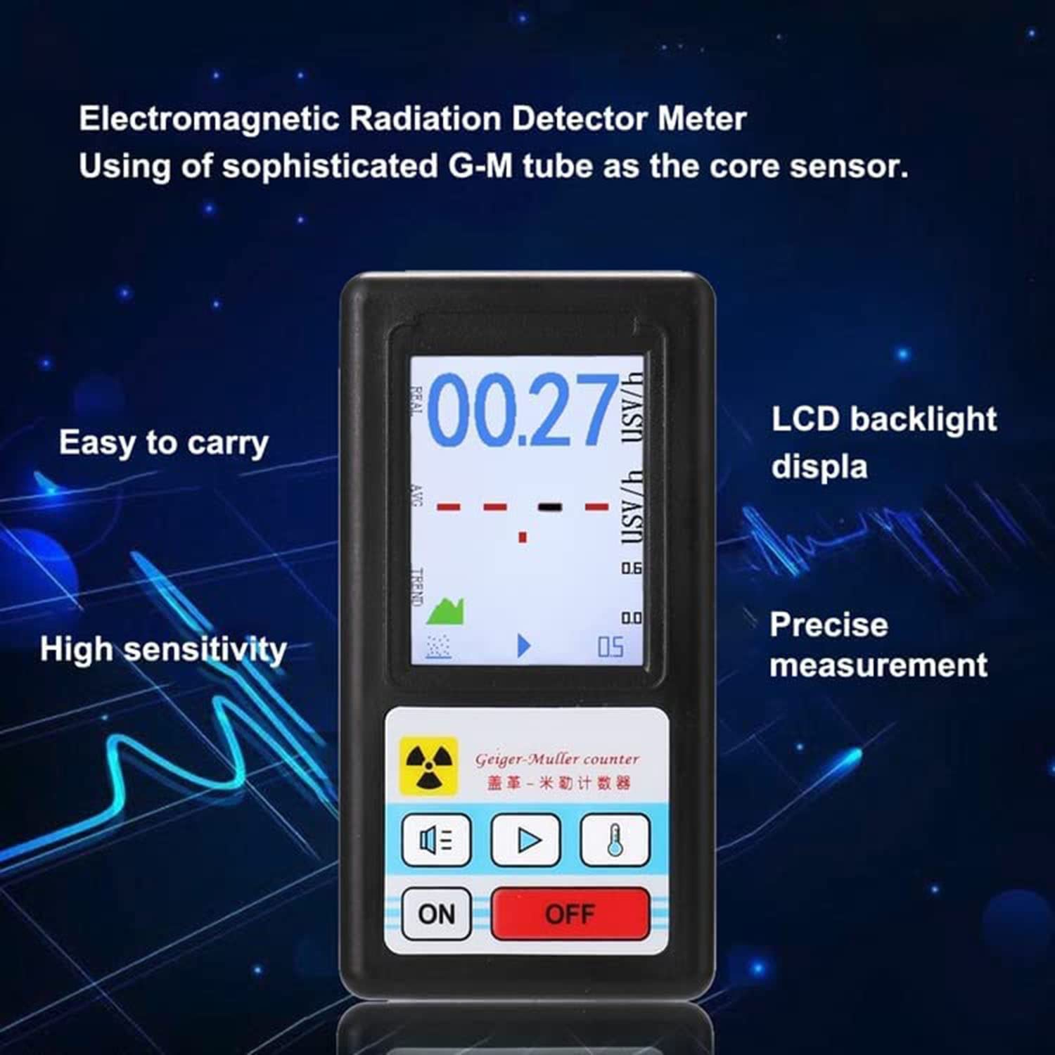 Detector de radiación nuclear de contador Geiger, probador de rayos X de rayos gamma beta, detector radiactivo, medidor de mármol de dosímetro personal medidor dosímetro portátil,Black