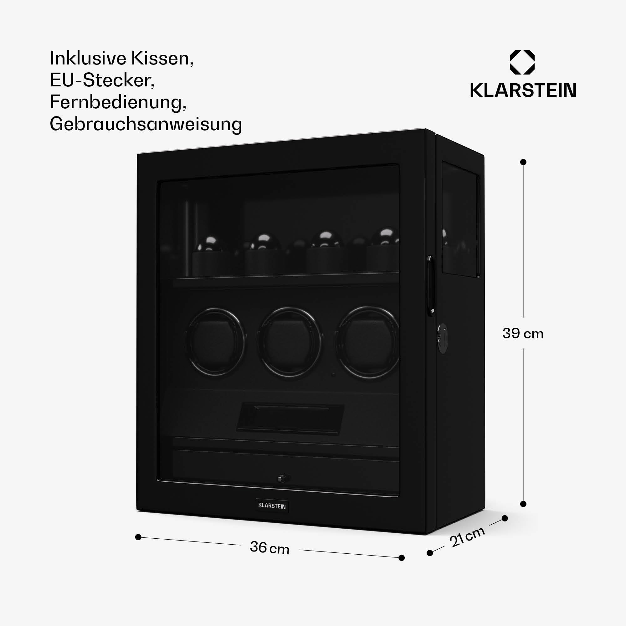 Klarstein SecureTouch Uhrenbeweger für 7 Uhren – Automatik mit Fingerabdruckschloss, leisem Japanischem Motor, LCD-Display & Fernbedienung, 41 TPD-Einstellungen, LED-Beleuchtung & Schmuckschublade