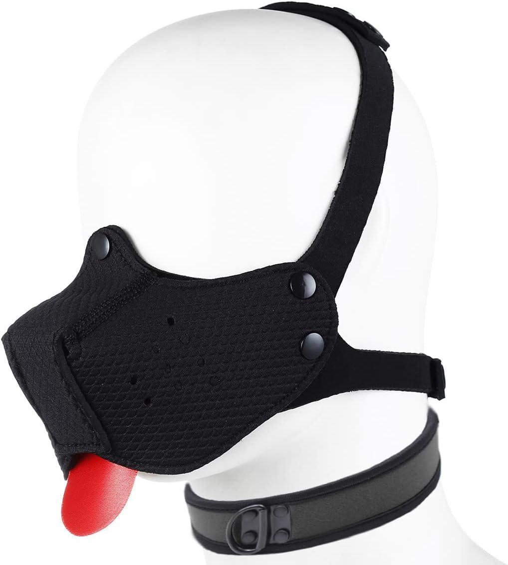 Neoprene Puppy Face Muzzle Dog Hood Mask Play Hoods Novelty Dog Head Mask with Collar (Black, One Size)