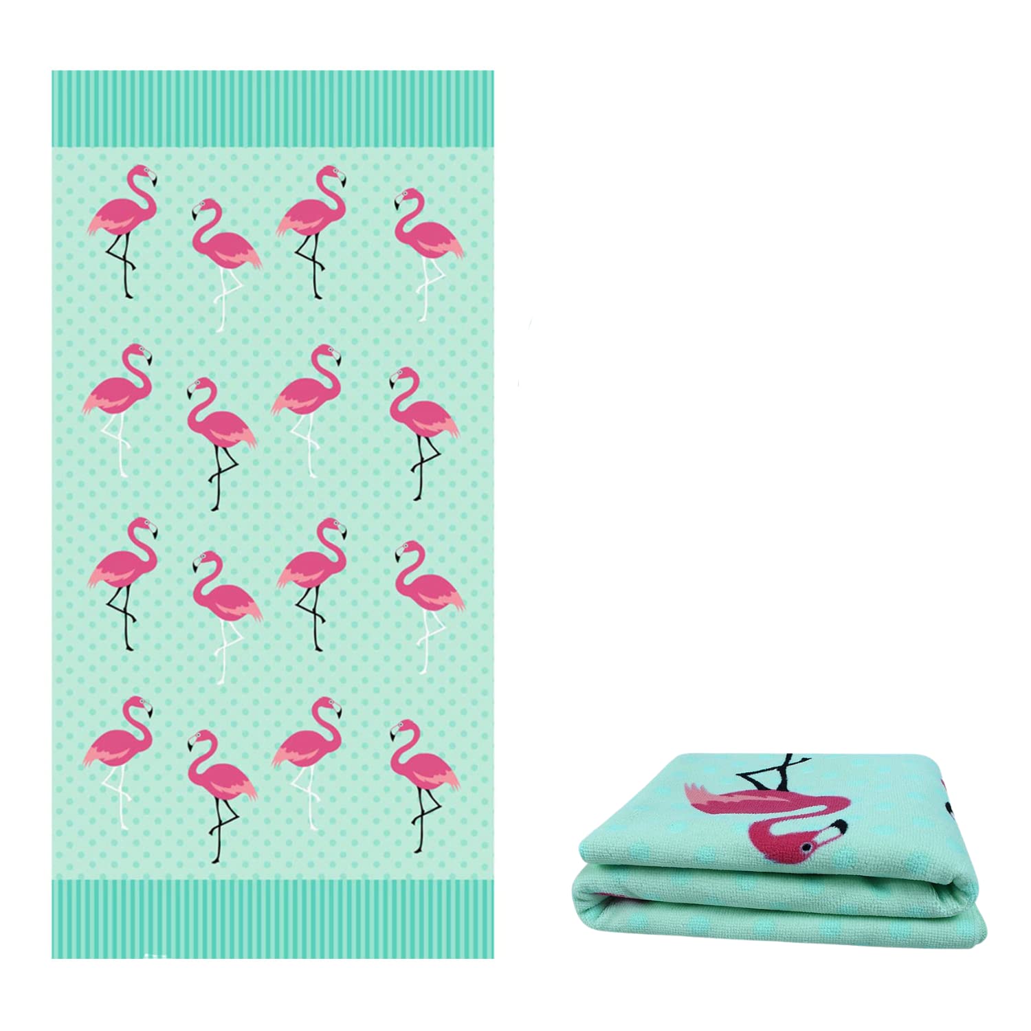 Serviette De Plage NLAND Microfibres – 100x180 Cm – Grande Taille – Flamant Rose Rayures Noires – Neuf