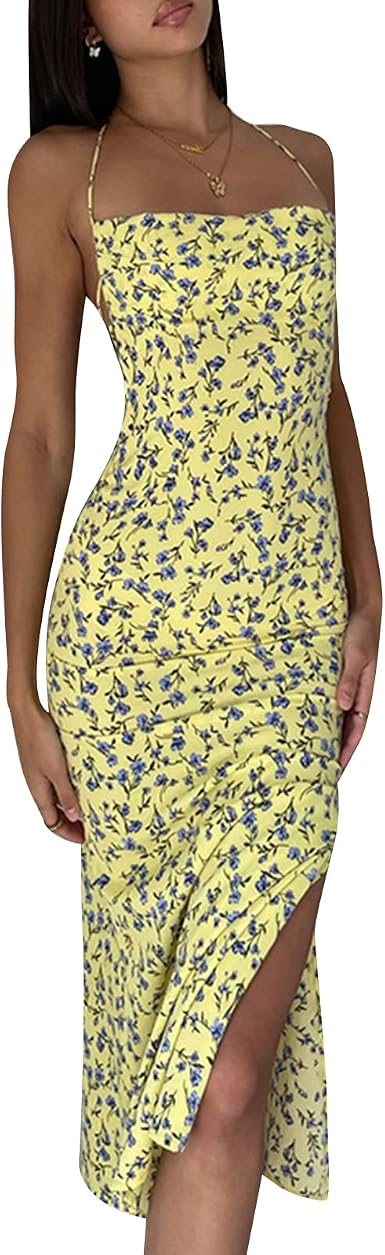 Vestido largo con tirantes delgados para mujer, sin espalda, dividido,  entallado, floral, hadas, calle, bodycon : Ropa, Zapatos y Joyería -  Amazon.com