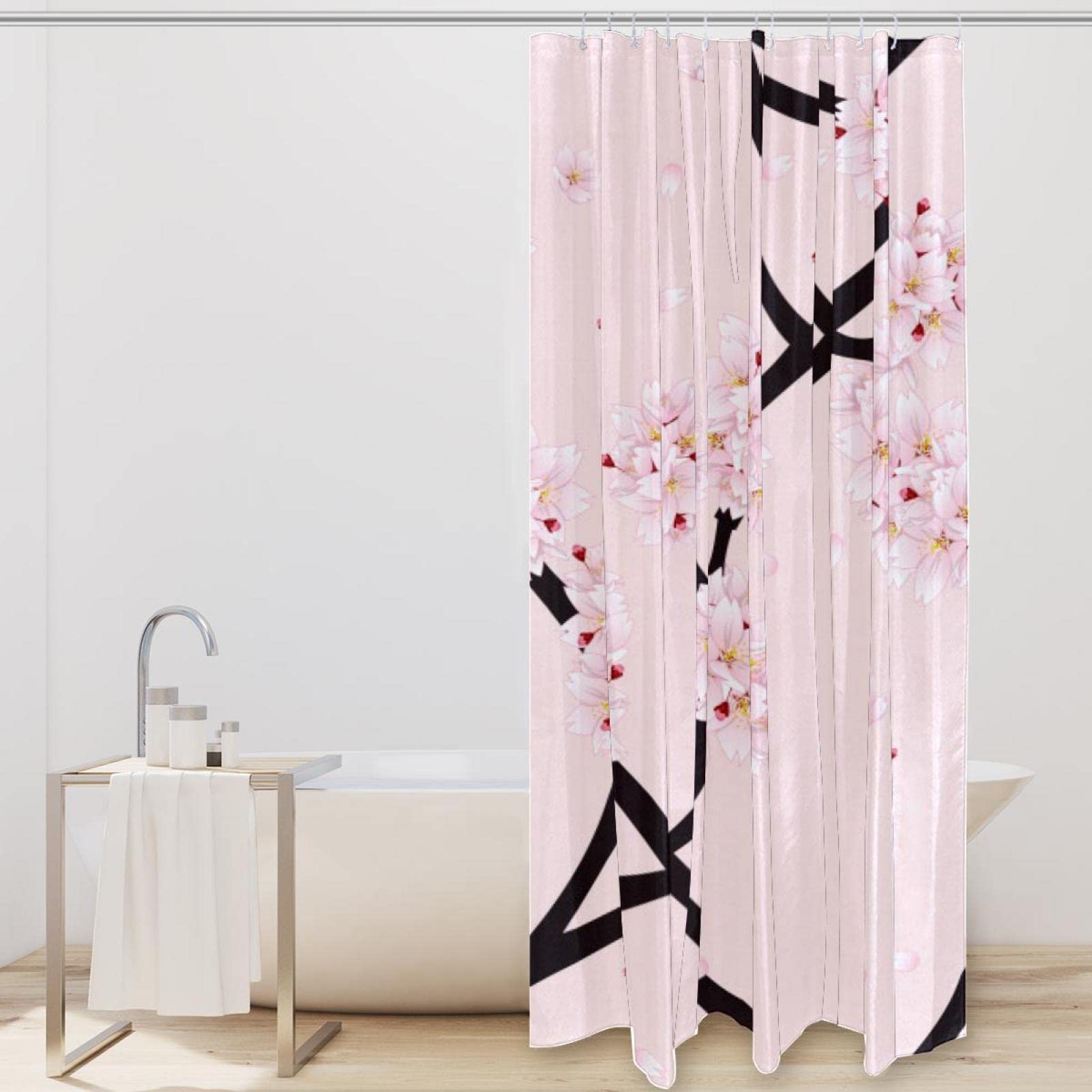 Tenda Doccia Floreale Grigio Rosa LIGHTINHOME - 182x182 Cm - Fiori Di Ciliegio - Con Ganci - 3
