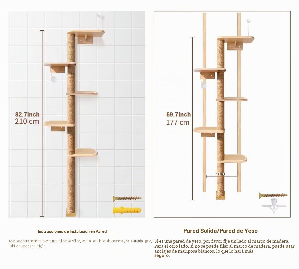 HFHOME Árbol rascador grande para montaje en pared, sistema de pared de escalada para gatos con varios pisos y elementos de sisal (sisal, 210 cm de ancho)