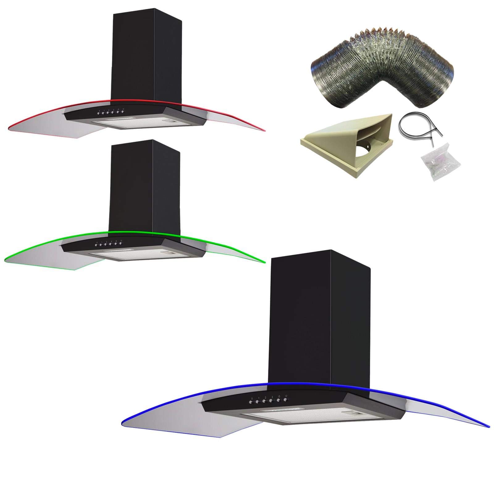 SIA100cm Black 3 Colour LED Edge Lit Curved Glass Cooker Hood Fan & 1m Ducting