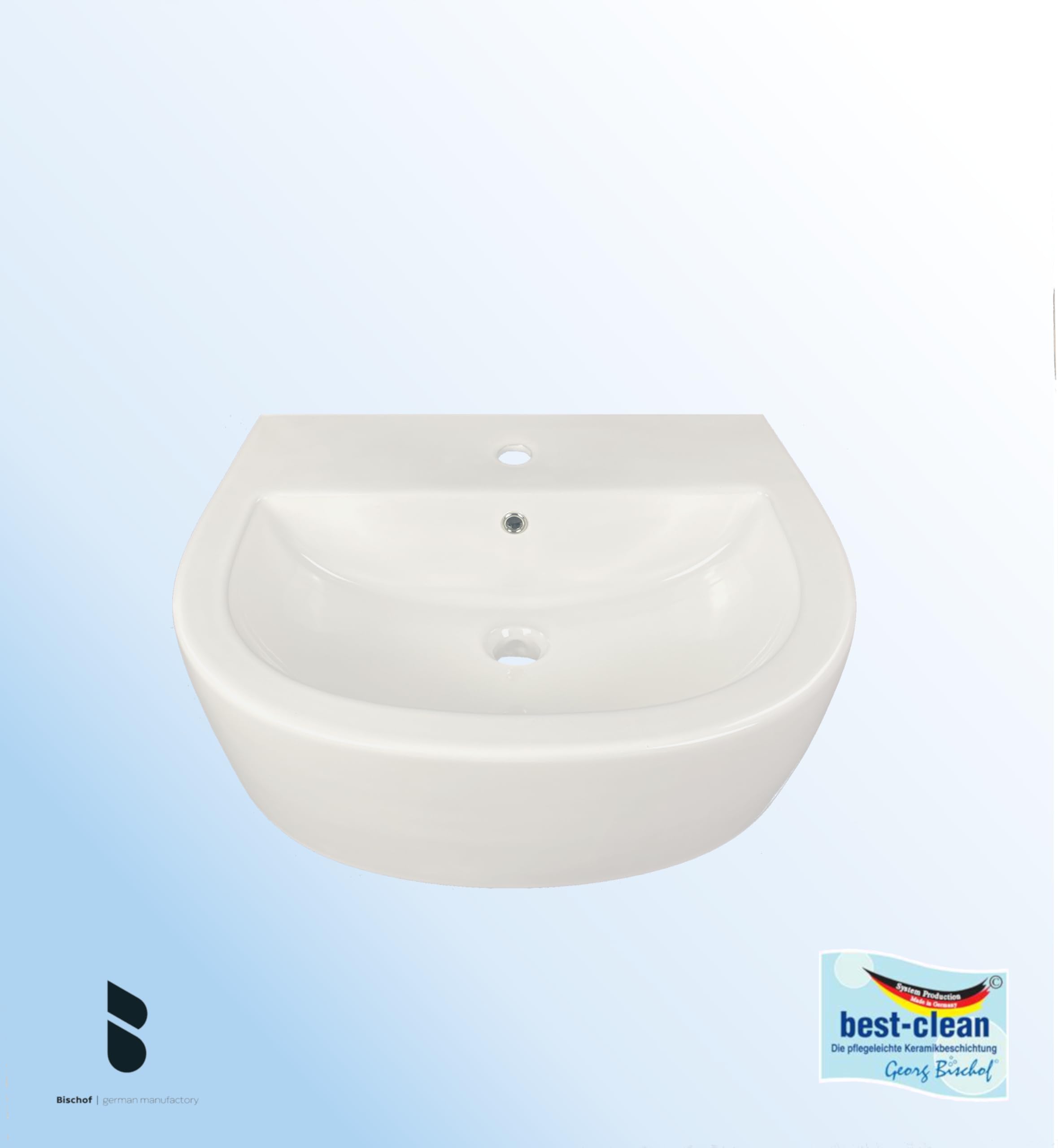 Waschbecken mit BEST CLEAN Oberflächenbeschichtung, 60 cm breit, weiß mit Hahnloch, Waschtisch aus Keramik