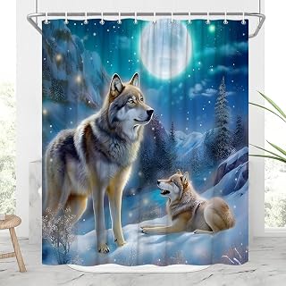 Wolf Shower Curtain Animals Under Full Moon Winter Cool Wildlife and Mountains Forest Night Starry Sky Scape Polyester Fabric Bath Decor with Hooks