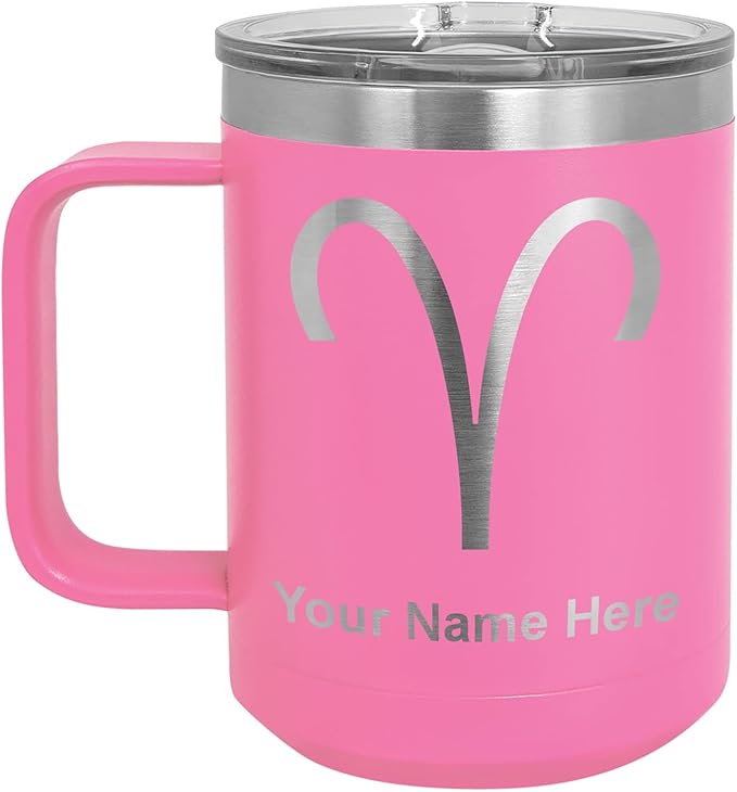 LaserGram 15oz Vacuum Insulated Coffee Mug, Zodiac Sign Aries, Personalized Engraving Included (Pink)