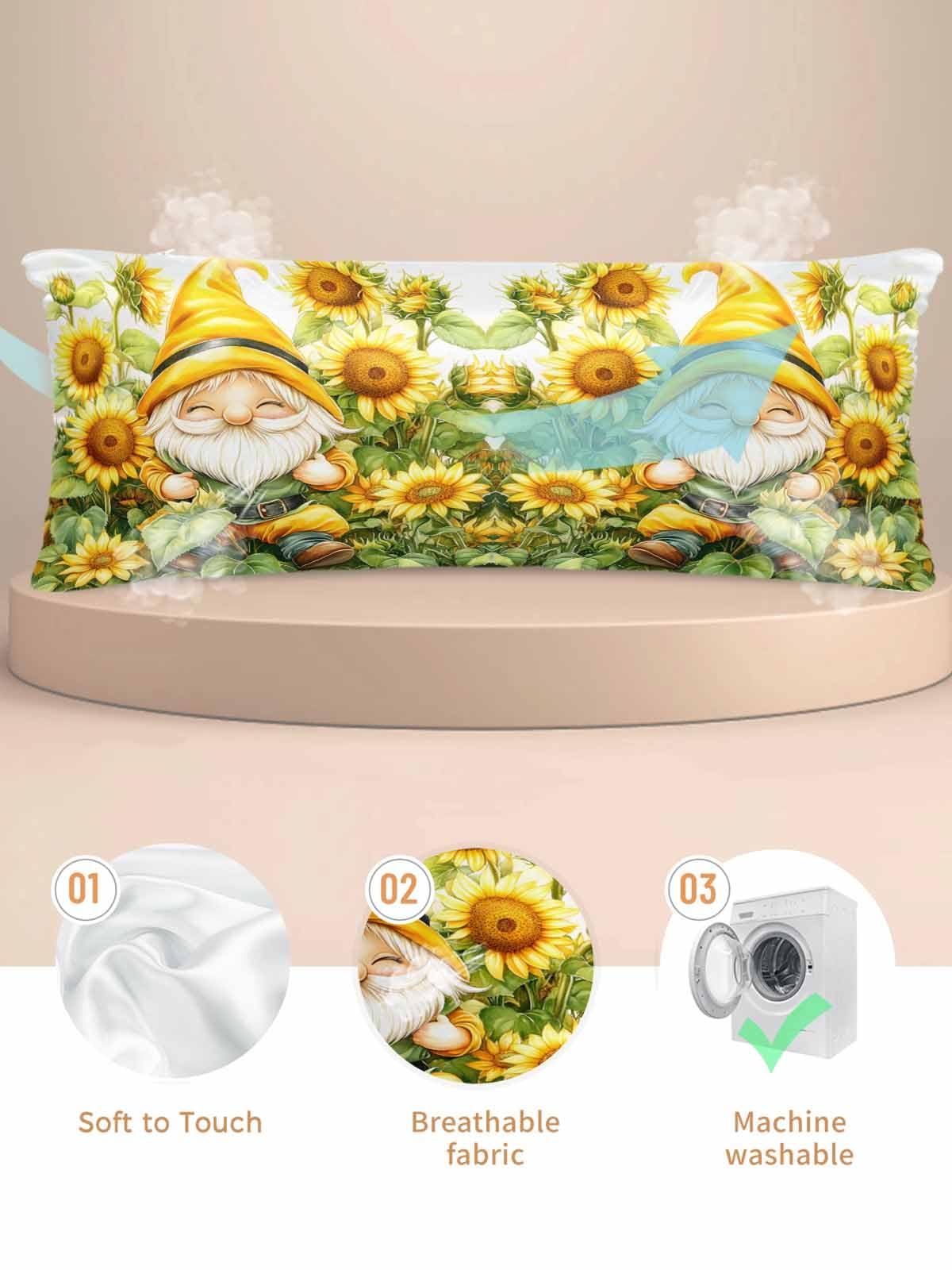 T&H XHome Satin Silk Pillowcase for Hair and Skin, Body Cute Cartoon Style Gnome Sunflower Super Soft Pillow Cases Silky Bed Pillowcovers Wrinkle Free with Hidden Zipper 20