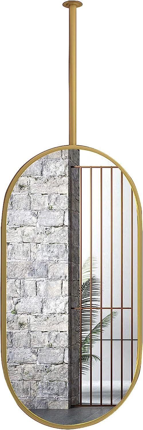 Miroir suspendu au plafond ovale avec tige réglable en métal doré