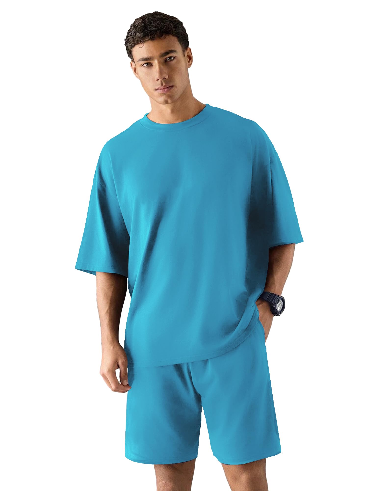 || Mens || Solid Round Neck Half Sleeve Blue Tshirt and Blue Short Cotton Slim Fit Tracksuit-image-13