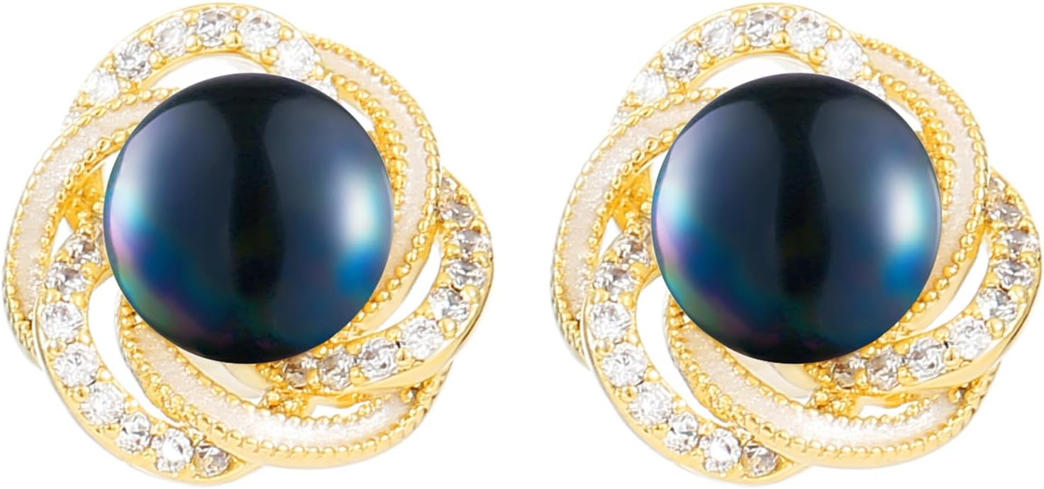 14k Gold Plated Pearl Rhinestone Stud Earrings for Women Jewelry