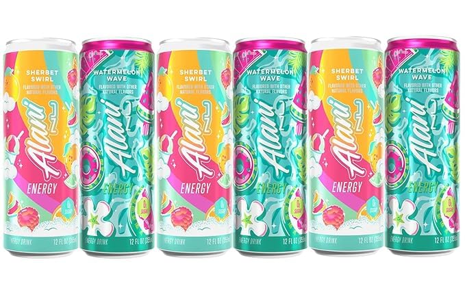 New Alani Energy Drink Sherbet Swirl & Watermelon Wave – 200mg Caffeine | Antioxidants | Biotin, B Vitamins | Zero Sugar | 15 Calories or Less | 12 Oz Cans | (6 Cans – 3 of Each Flavor)