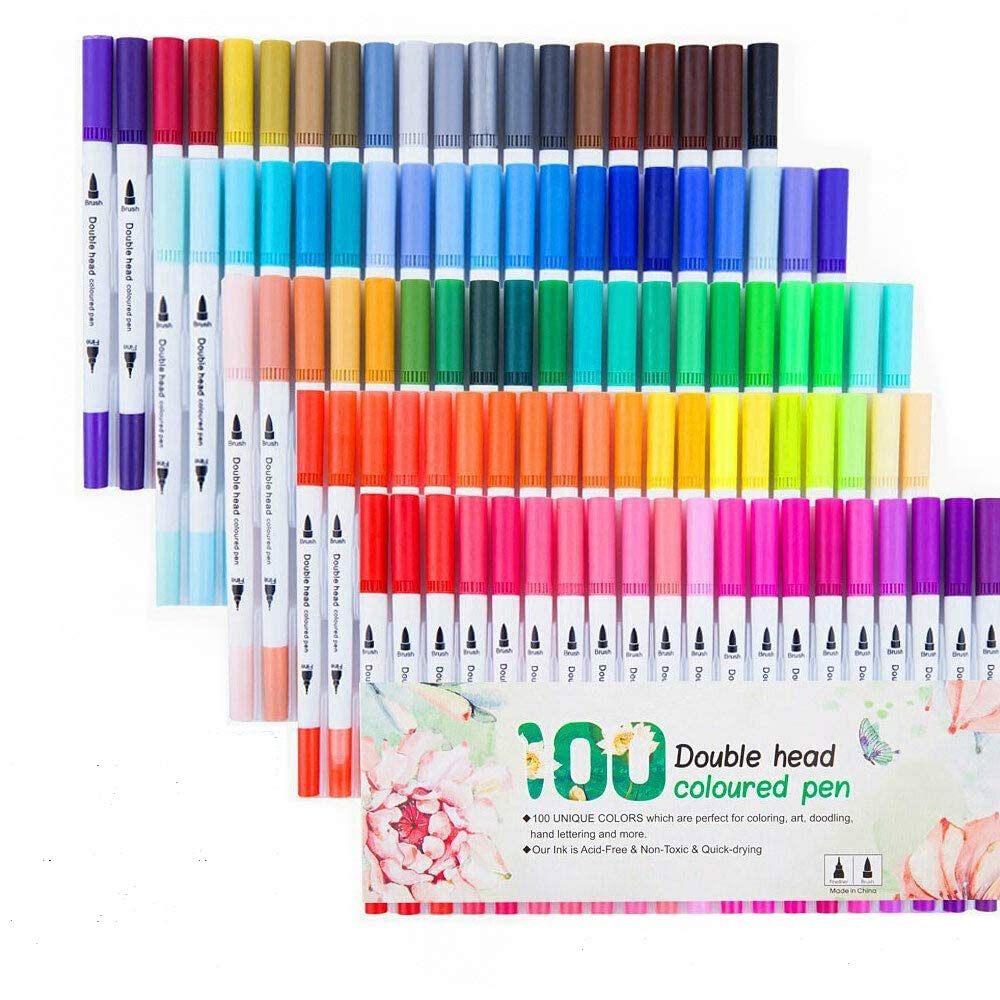 Surligneurs Stylos 100 Couleurs, Stylos-Marqueurs avec Double Pointe, Marqueurs à Dessin Pour Album Photo Carte DIY Graffiti Dessin Peinture Permanent, Pour Fourniture de Bureau et Scolaire