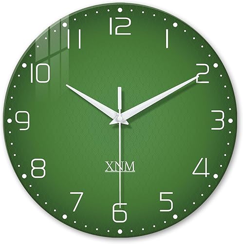 XNM Reloj de pared verde minimalista de cristal con pilas, 12 pulgadas, redondo, pequeño, silencioso, sin tictac