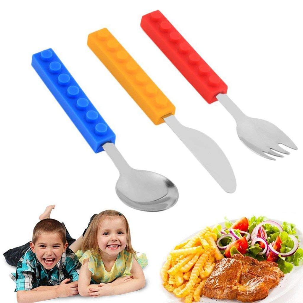 Ensemble de couverts empilables colorés pour enfants avec couteau, fourchette, cuillère | Ensemble de 3 pièces en acier inoxydable | Ustensiles de dîner amusants avec poignée en silicone